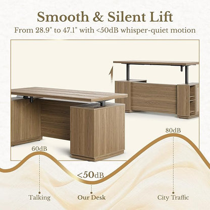 70 Inch Executive Standing Desk with File Cabinet, L Shaped Electric Height Adjustable Desk with AC/USB and Privacy Panel, Computer Corner Table for Home Office, Natural Oak