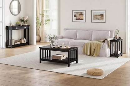 ChooChoo Mission Coffee Table, Black Wood Living Room Table with Shelf, 40 Black
