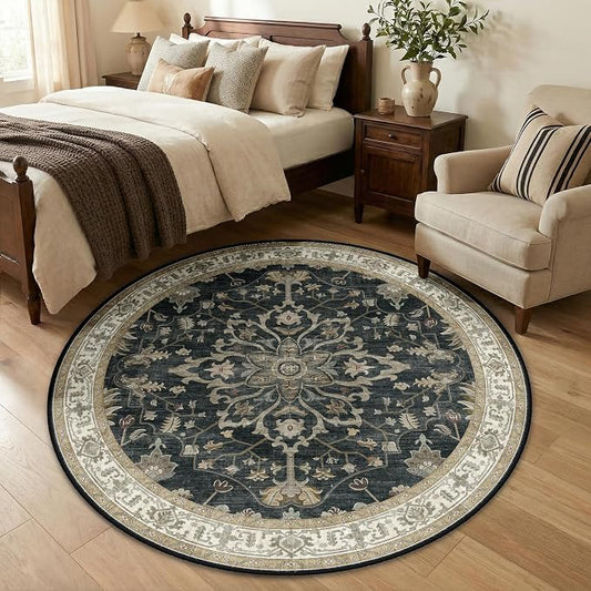 RELEANY Area Rugs Round 5ft Washable Non-Slip, Floral Vintage Distress Medallion Carpet for Living Room Bedroom Dining Room, Vintage Black Brown Neutral