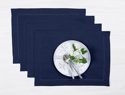 Solino Home Linen Placemats Set of 4 - Classic Hemstitch Navy Blue Placemats 14 x 19 Inch - 100% Pure Linen Table Mats for Winter, Easter