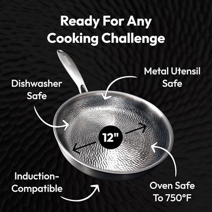 Plateful Titanium Pan For Cooking 12" - Pure, No Coating Non-Stick Titanium Cookware, Frying Pans, Hammered Pan, Safe For Oven, Induction & Cooktops Up To 750°F, Includes Lid