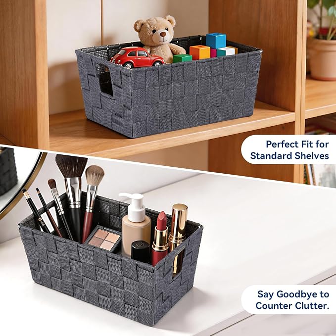 Whitmor Small Woven Storage Baskets for Shelves - Decorative Bathroom Organizer Bins with Metal Structure, Versatile Shelf Storage Solution for Home Organization & Closet (Savvy Gray)