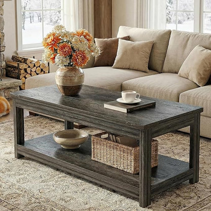 Homieasy Coffee Table with Storage Shelf, 43.3” Farmhouse Wood Coffee Tables for Living Room, Modern Center Tea Table, Grey