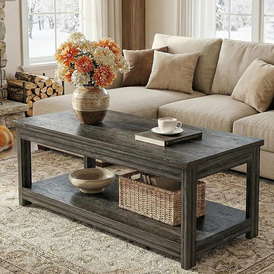 Homieasy 43.3” Rectangular Coffee Table with Storage Shelf, Farmhouse Wood Center Table for Living Room, Modern Black Tea Table with Open Shelf, Grey