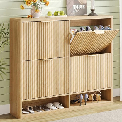 Shoe Storage Cabinet for Entryway with 4 Flip Drawers, 47.2" Large Modern Freestanding Shoe Organizer with Fluted Doors & Hidden Shoe Rack - Slim Enclosed Shoe Rack for Hallway (Oak)