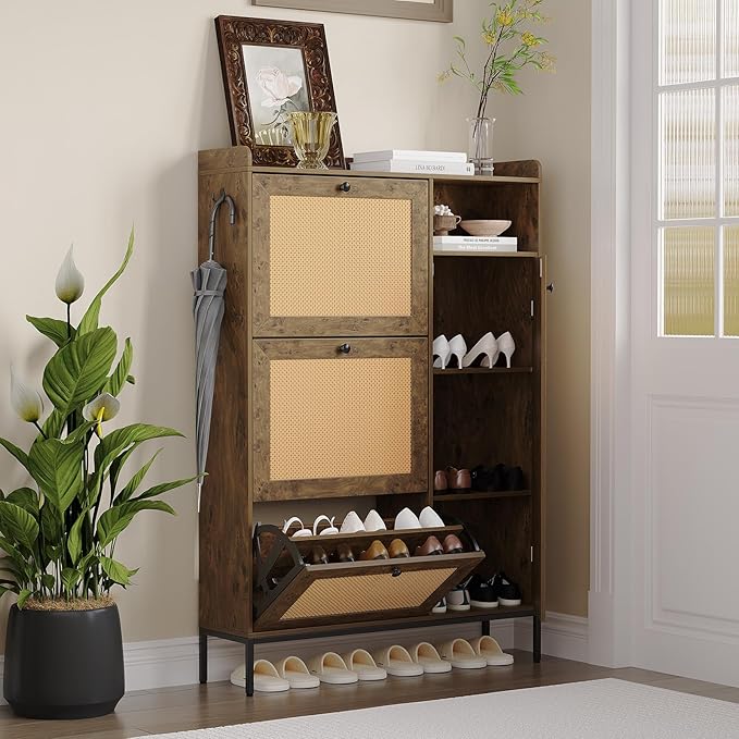 Rattan Wooden Shoe Cabinet, Freestanding 3-Flip Drawer Shoe Storage Organizer, Side Cabinet & Top Fence, Easy Assembly Shoe Rack for Entryway Hallway Living Room, Tree Pomegranate