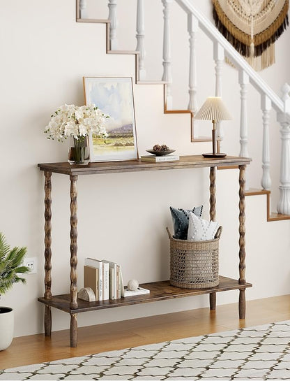 NiHome Wood Console Table with Carved Solid Wood Legs, 39.4"x11.8"x31.5" Matte Fingerprint-Resistant Finish, 2-Tier Narrow Table for Entryway, Hallway, Living Room, Foyer, Easy Tool-Free Assembly