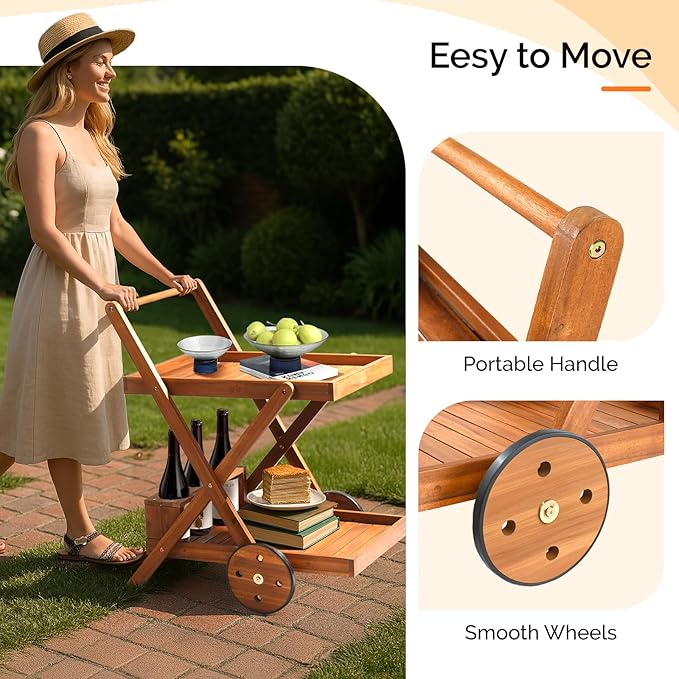 VINGLI 2-Tier Acacia Wood Bar Cart, Rolling Bar Carts with Wheels, Kitchen Serving Tea Cart for Plant Stand Indoor and Outdoor