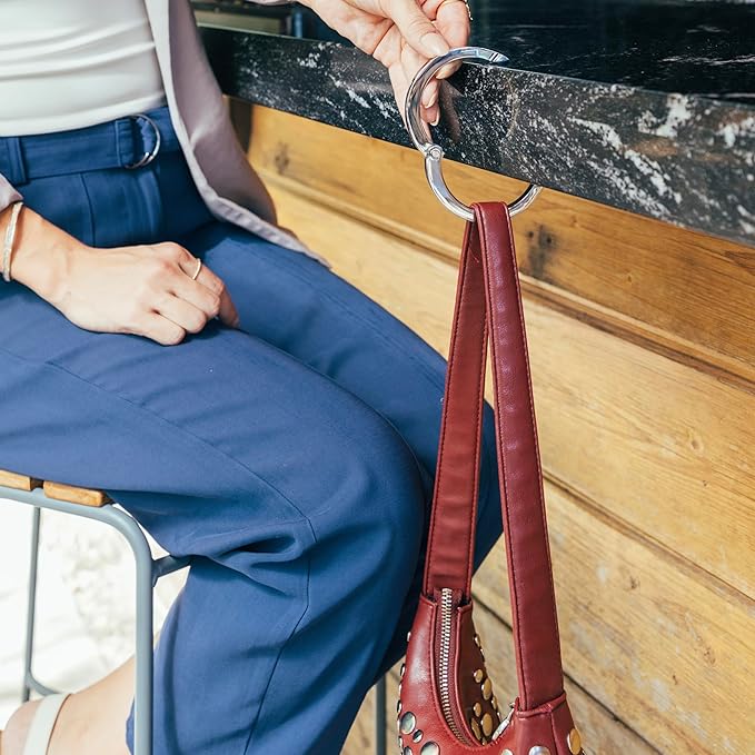 Purse Hook for Table - Portable Bag Hanger, Strong Durable Handbag Holder - 35lb Capacity Desk Hanger, Premium Bag Clip with Gift Box, Anti-Slip Car Tote Accessory - Aria Silver
