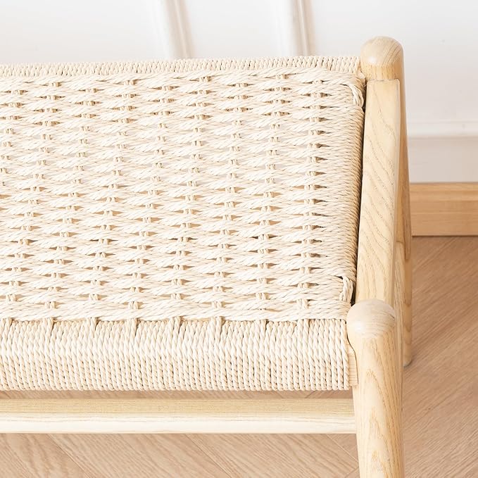 Solid Wood Entryway Bench with Shoe Storage, Rustic Oak Wood and Woven Design 39.4 Inch Long Seating for Living and Dining Rooms,Nature