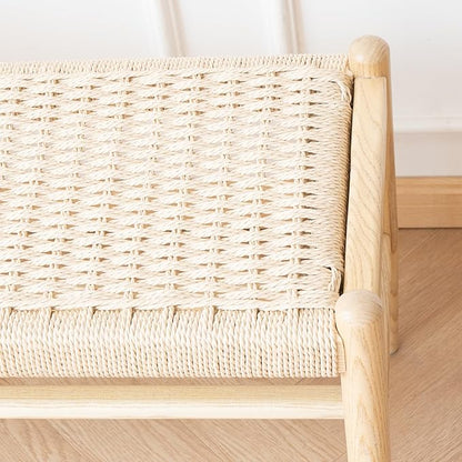 Solid Wood Entryway Bench with Shoe Storage, Rustic Oak Wood and Woven Design 39.4 Inch Long Seating for Living and Dining Rooms,Nature