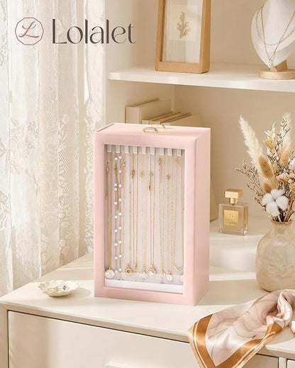 Lolalet Upgraded Double-Sided Hanging Necklace Organizer Box, Jewelry Display Case with Double-Sided Clear Window for Necklaces Bracelets, Tangle-Free Necklace Storage Box, Pink, 2-Layer 40 Hooks