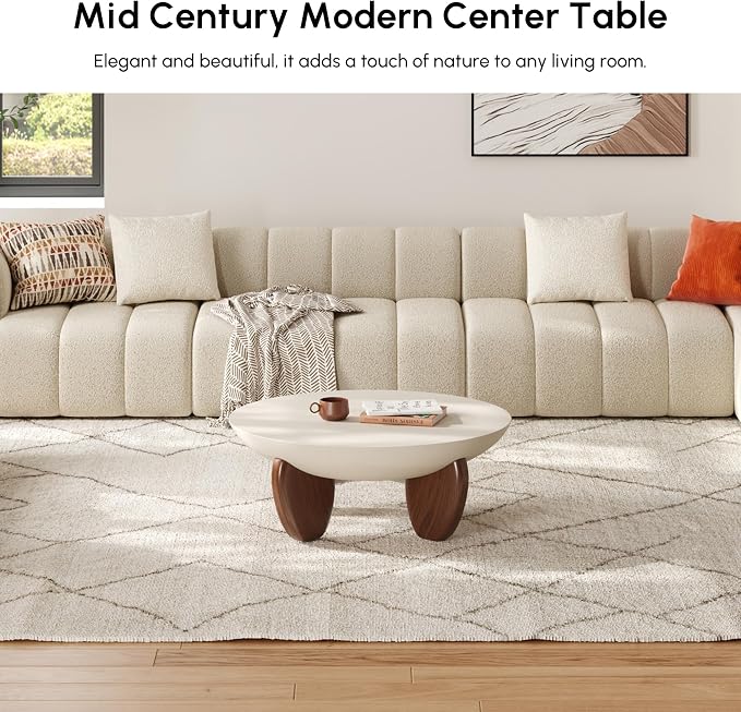 homary 30" Round Coffee Table, Modern Concrete Center Table with Walnut Ash Wood Legs, Minimalist Cement Finish for Living Room