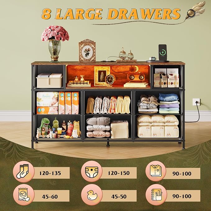 WLIVE Dresser TV Stand for 45, 50, 55 inch TV, Entertainment Center with LED Lights & Charging Station, Chest of Drawers with 8 Fabric Drawers and Open Shelves for Living Room, Hallway, Pattern