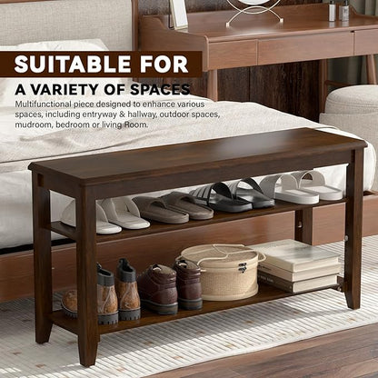 Shoe Rack Bench with Rubberwood Flat Top and 3 Adjustable Shelves – Wooden Shoe Rack for Entryway, Hallway, Mudroom, Front Door, or Small Spaces
