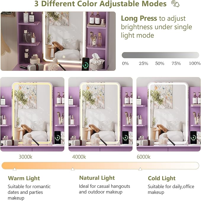 Small Vanity Desk with Mirror and Lights, Makeup Vanity with LED Lights, Purple Vanity Mirror with Lighted Desk and Chair, 3 Lighting Adjustable Compact Dressing Table with Mirror for Women, Girls