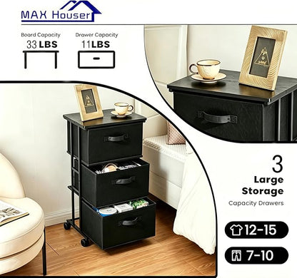 MAX Houser Dresser Storage with 3 Drawers, Fabric Dresser Tower, Vertical Storage Unit for Bedroom, Closet, Office, Black