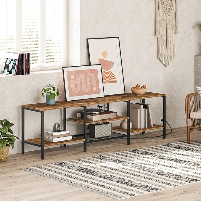HOOBRO TV Stand with Power Outlets to 75 Inches, TV Console Table with Open Storage Shelves Cabinet, Industrial Media Entertainment Center for Living Room Bedroom, Rustic Brown and Black BF80DS01