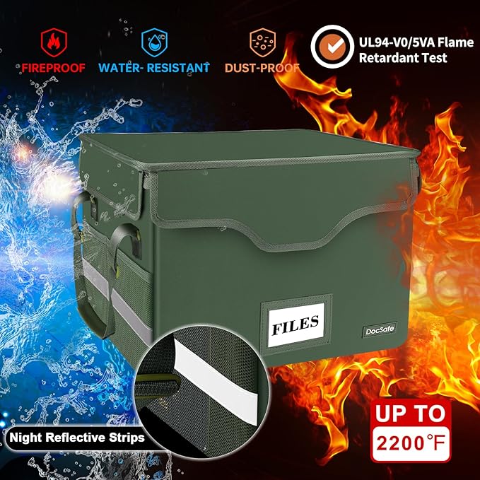 DocSafe Fireproof Document Box with Lock,File Storage Organizer with Pockets,Collapsible Portable File Box Home Office Safe Filing Cabinet with Handle for Hanging Letter/Legal Folders,Green,2 Pack