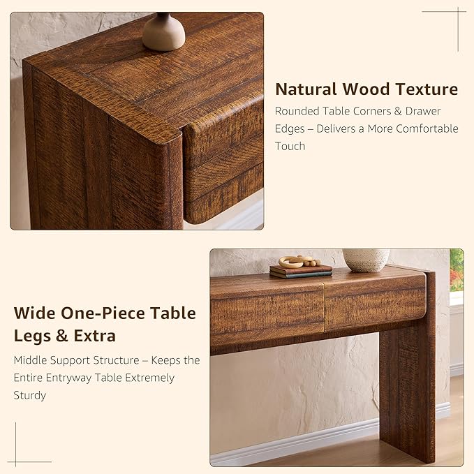 OKD 63'' Console Table with 3 Drawers, Farmhouse Entryway Table with Rounded Corners, Console Table Behind Couch for Living Room/Hallway-Reclaimed Barnwood