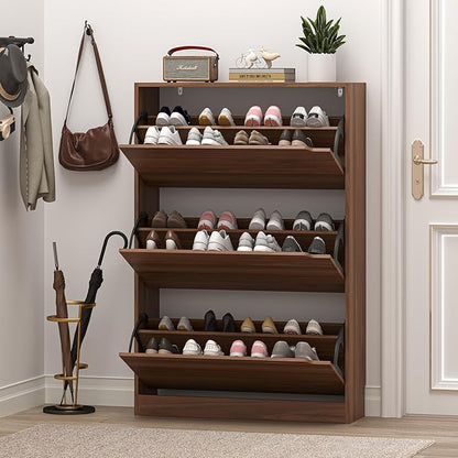 BORNOON Shoe Cabinet with 3 Flip Drawers, Slim Narrow Shoe Storage Cabinet, Freestanding Shoe Organizer with Adjustable & Removable Shelves, Top Display Shelf for Entryway, Hallway, Foyer, Closet
