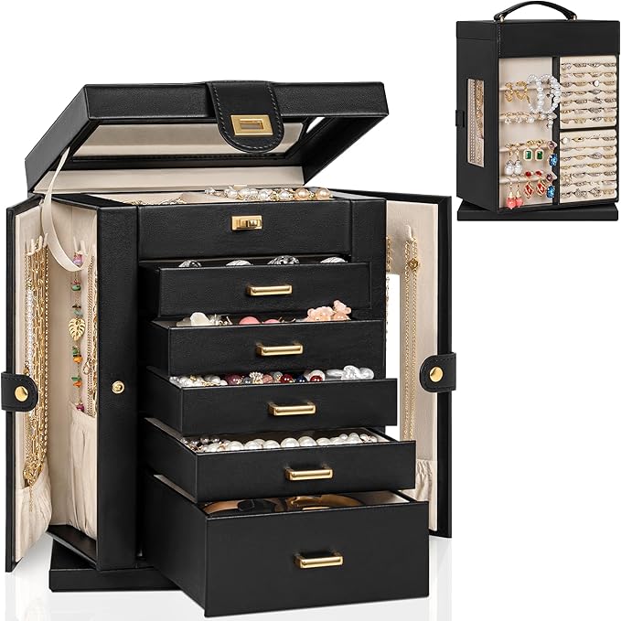 AKOZLIN Jewelry Box 6-Tier Organizer Functional 360° Rotating Jewelry Storage Case for Women Girls Ring Necklace Earring Bracelet Holder with Mirror