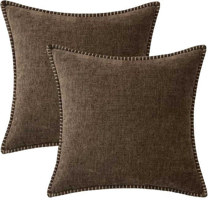 MIULEE Pack of 2 Couch Throw Pillow Covers 20x20 Inch Brown Farmhouse Decorative Pillow Covers with Stitched Edge Soft Chenille Solid Dyed Pillow Covers for Sofa Bed Living Room