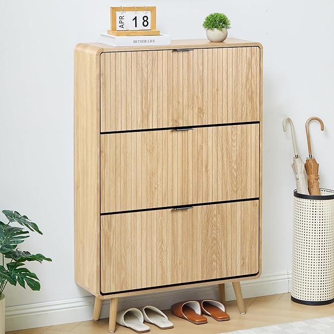 Narrow Shoe Cabinet Storage for Entryway,Slim Shoe Cabinet with 2 Flip Drawers, Fluted Shoes Rack Organizer (All Natural, 3 Drawers)