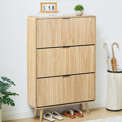 Narrow Shoe Cabinet Storage for Entryway,Slim Shoe Cabinet with 2 Flip Drawers, Fluted Shoes Rack Organizer (All Natural, 3 Drawers)