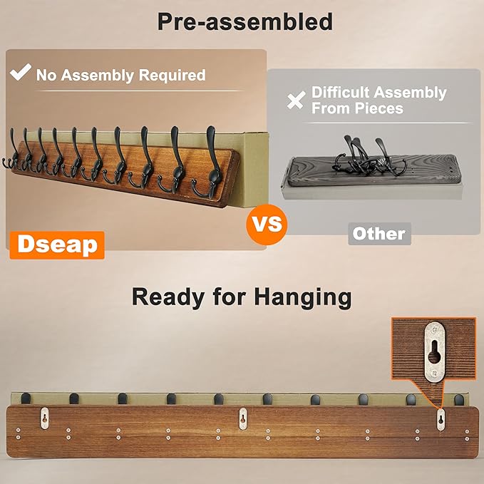Dseap Coat Rack Wall - Heavy-Duty 38-1/4" Long, with Reinforced 10 Custom Tri-Hooks, Solid Wood Wall Hanger for Coats Hat Jackets - Rustic Farmhouse Entryway Hallway Storage, Black
