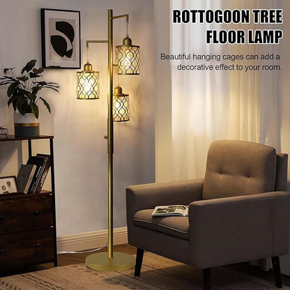 ROTTOGOON 68" Gold Floor Lamp, Dimmable Industrial Floor Lamps for Living Room, 3 Light Rustic Standing Tall Lamp Including 3 PCS 6W E26 Bulbs, Farmhouse Tree Floor Lamp for Bedrooms, Office, Bar