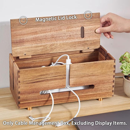 SARUFO Acacia Wood Cable Management Box - Wooden Cord Hider with 4 Metal Feet, Organizer for Desk & Floor, Power Strip TV Wire Concealer, Under Desk Storage for Office, Home Electrical Cables