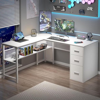 LVB White L Shaped Corner Desk with Drawers, Reversible Modern L-Shaped Computer Desk with Storage Cabinet Shelves, Large Wood Metal L Shape Home Office Desk for Work Study Writing Gaming, 59 Inch