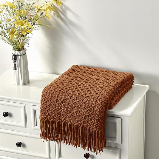 CREVENT Farmhouse Boho Knitted Throw Blanket for Couch Sofa Chair Bed Home Decoration, Soft Warm Cozy Light Weight for Spring Summer Fall (60''X80'' Light Brown)