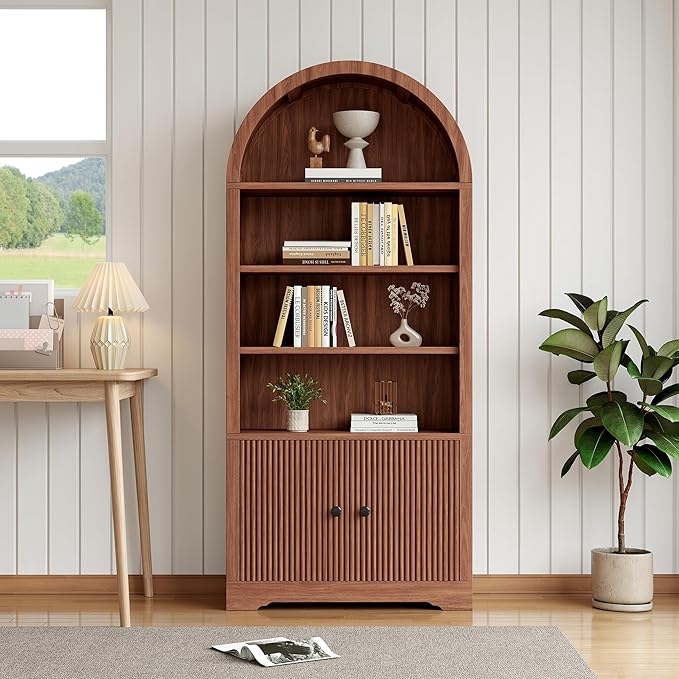 70" Arched Bookcase with Storage, 6 Tier Bookshelf with Door, Freestanding Display Storage Cabinet Farmhouse Storage Shelves for Living Room,Bedroom Home Office,Walnut Oak-2