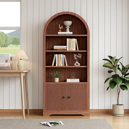 70" Arched Bookcase with Storage, 6 Tier Bookshelf with Door, Freestanding Display Storage Cabinet Farmhouse Storage Shelves for Living Room,Bedroom Home Office,Walnut Oak-2
