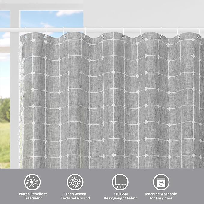MitoVilla Boho Farmhouse Shower Curtain Set 72 x 78, Tan Brown 78 inch Long Polyester Linen Tassel Fabric Shower Curtain Set for Chic Cottagecore French Rustic Bathroom Decor