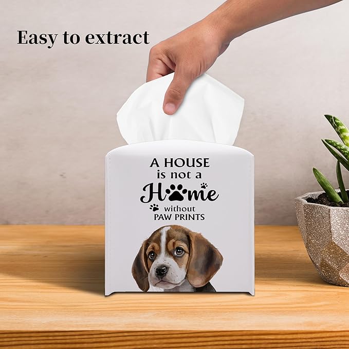Grace Yonks Cute Beagle Tissue Box Cover Square, Beagle Dog Cube Case for Facial Tissues, 5.2" PU Leather(027)