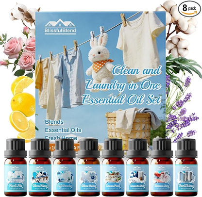 Diffuser Fragrance Oils, Essential Oils for Diffuser for Home, 8x10ml Clean and Laundry Set, Clean Scents for Candle & Soap Making, Fresh Linen, Clean Cotton, Lavender Field, Lemon Fresh, Blossom Soap
