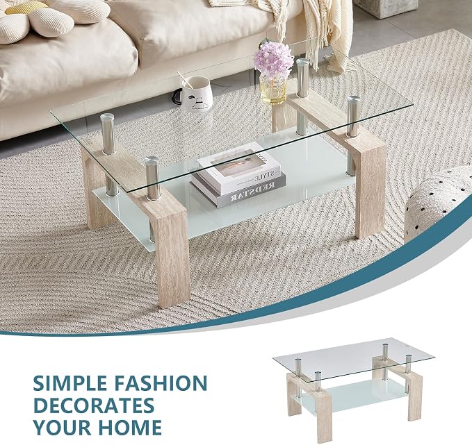 Living Room Rectangle Coffee Table, Tea Table Suitable for Waiting Room, Modern Side Coffee Table with Wooden Leg, Glass Tabletop with Lower Shelf (Yellow Travertine)