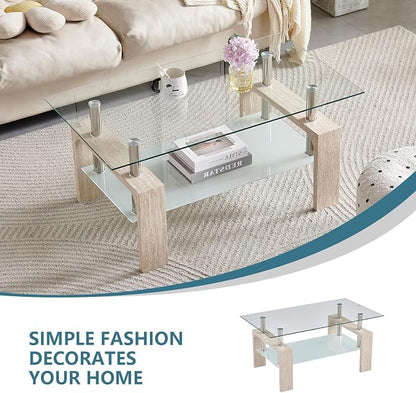 Living Room Rectangle Coffee Table, Tea Table Suitable for Waiting Room, Modern Side Coffee Table with Wooden Leg, Glass Tabletop with Lower Shelf (Yellow Travertine)