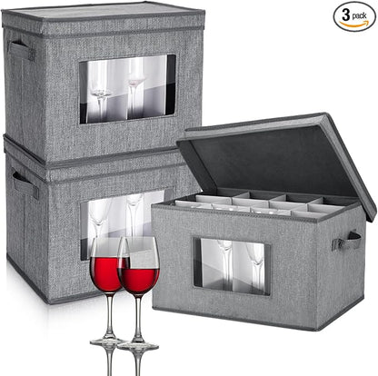 Norme 3 Pack Wine Glasses Storage Box with Dividers, 12 Compartments Stemware Storage Cases Champagne Flute Box with Lid Handle Window China Container Organizer for Moving(Wine Glass Size,Gray)