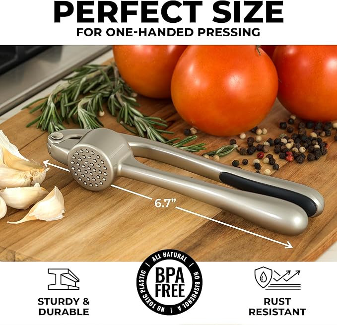 Zulay Kitchen Premium Garlic Press Set - Rust Proof Professional Garlic Mincer Tool - Easy-Squeeze, Easy-Clean with Soft, Ergonomic Handle - Silicone Garlic Peeler & Brush (Silver)