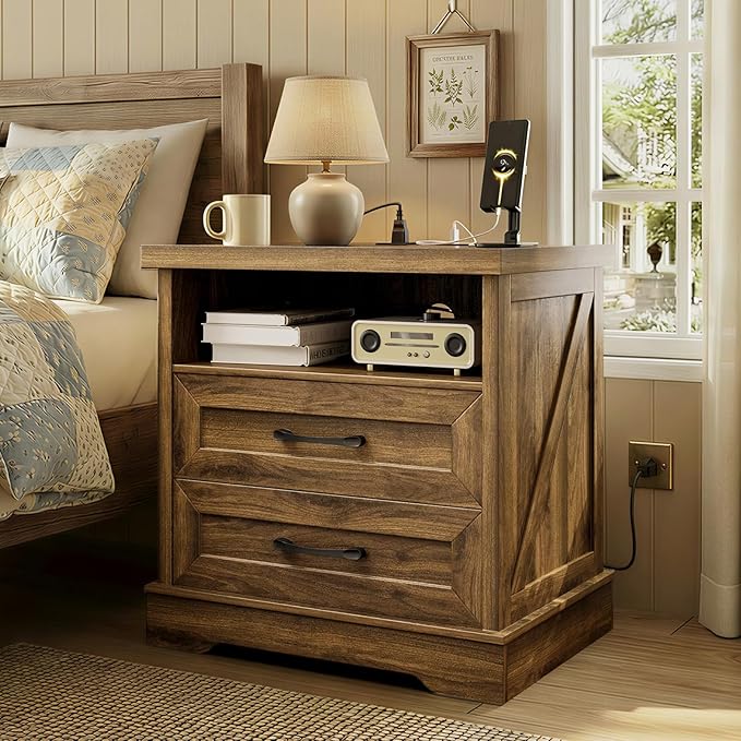 AODK 24 Inch Farmhouse Nightstand with Charging Station, Large Bedside Table with 2 Drawers, Rustic Wood End Table with Outlet and USB for Bedroom, Light Walnut