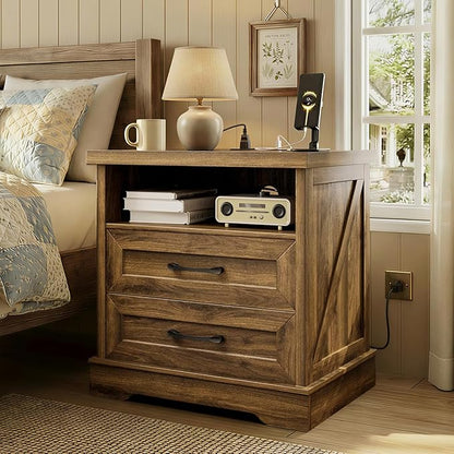 AODK 24 Inch Farmhouse Nightstand with Charging Station, Large Bedside Table with 2 Drawers, Rustic Wood End Table with Outlet and USB for Bedroom, Light Walnut