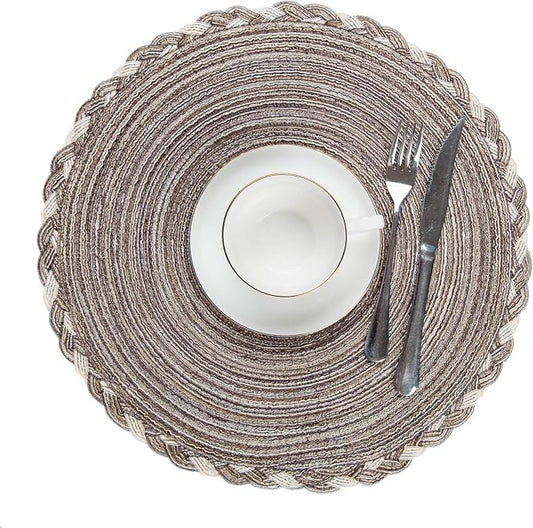 SHACOS Round Placemats Set of 6 Braided Glitter Round Table Placemats 15 inch for Wedding Holiday Party (Multicolor - Light Coffee, 6)