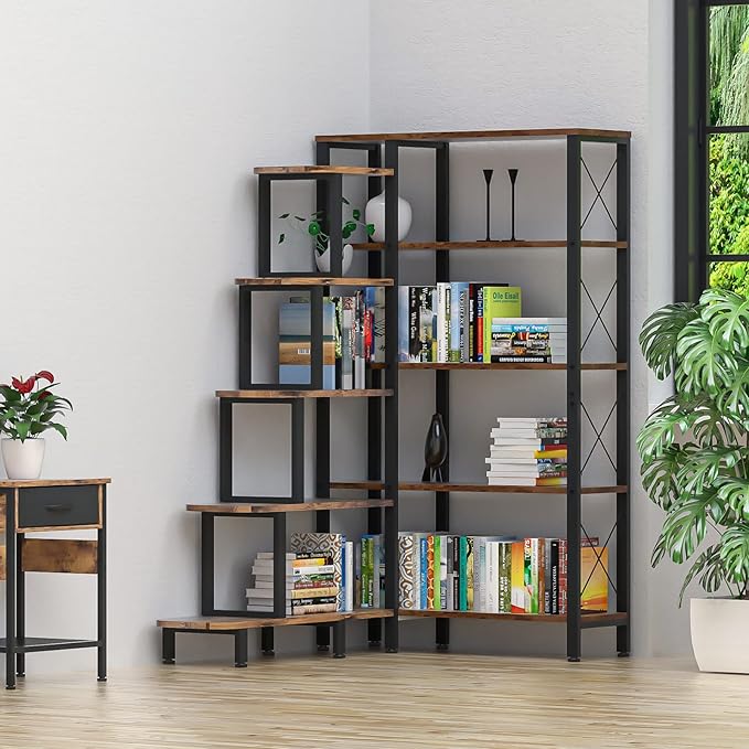 PONROL Large Corner Bookshelf Bookcase, Industrial Reversible 5 Tier Ladder Shelves Storage Display Rack with Metal Frame, Modern Home Office Furniture for Living Room Bedroom