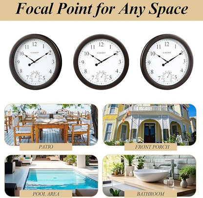 CLXEAST 10.4 Inch Indoor Outdoor Clocks Waterproof,Outdoor Clock with Temperature for Bathroom,Patio, Pool,Kitchen,Oil Rubbed Bronze Black Finish,House Warming Gifts New Home