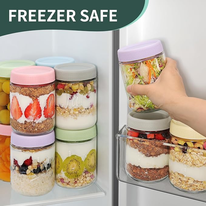 Xyptorix 6-Pack 16oz Overnight Oats Containers with Airtight Lids - Glass Mason Jars with Measurement Marks for Yogurt, Meal Prep & Chia Pudding, Stackable & Leakproof