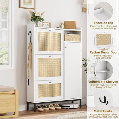 Rattan Wooden Shoe Cabinet, Freestanding 3-Flip Drawer Shoe Storage Organizer, Side Cabinet & Top Fence, Easy Assembly Shoe Rack for Entryway Hallway Living Room, White